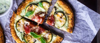 Cauliflower Pizza with Greek Yogurt Pesto & Grilled Veggies