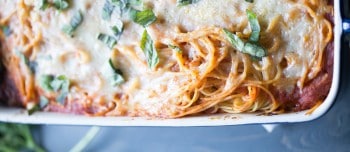 Baked Spaghetti Lasagna in a pan