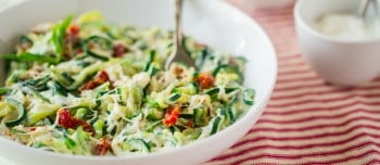 Zucchini Noodle Mac & Cheese with Sun-Dried Tomatoes in a bowl