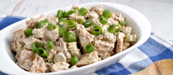 French Onion Roasted Potato Salad in a serving dish
