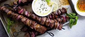 Steak and Mushroom Kabobs with Mint Yogurt Dip