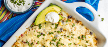 Cheesy Mexican Chicken Quinoa Casserole in a white pan