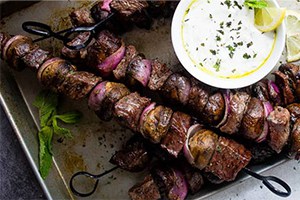 Steak and Mushroom Kabobs with Mint Yogurt Dip