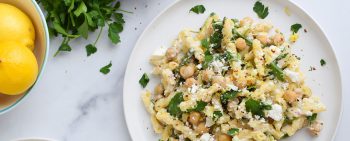 Chickpea Pasta with Feta in a bowl