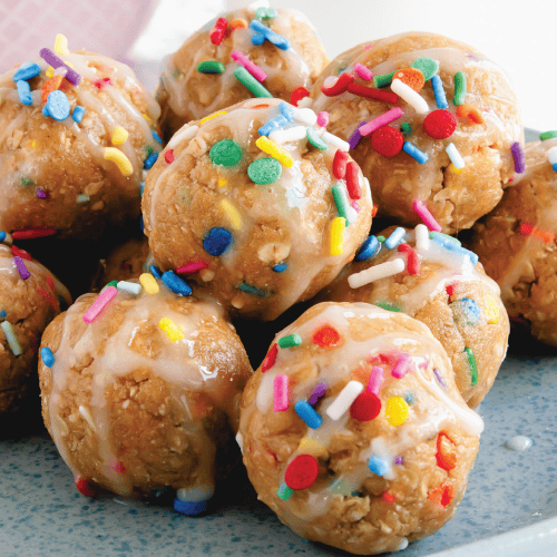 stacked birthday cake protein bites